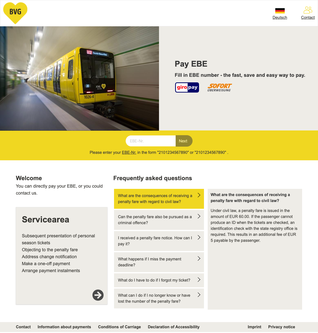 Screenshot BVG - Onlineportal