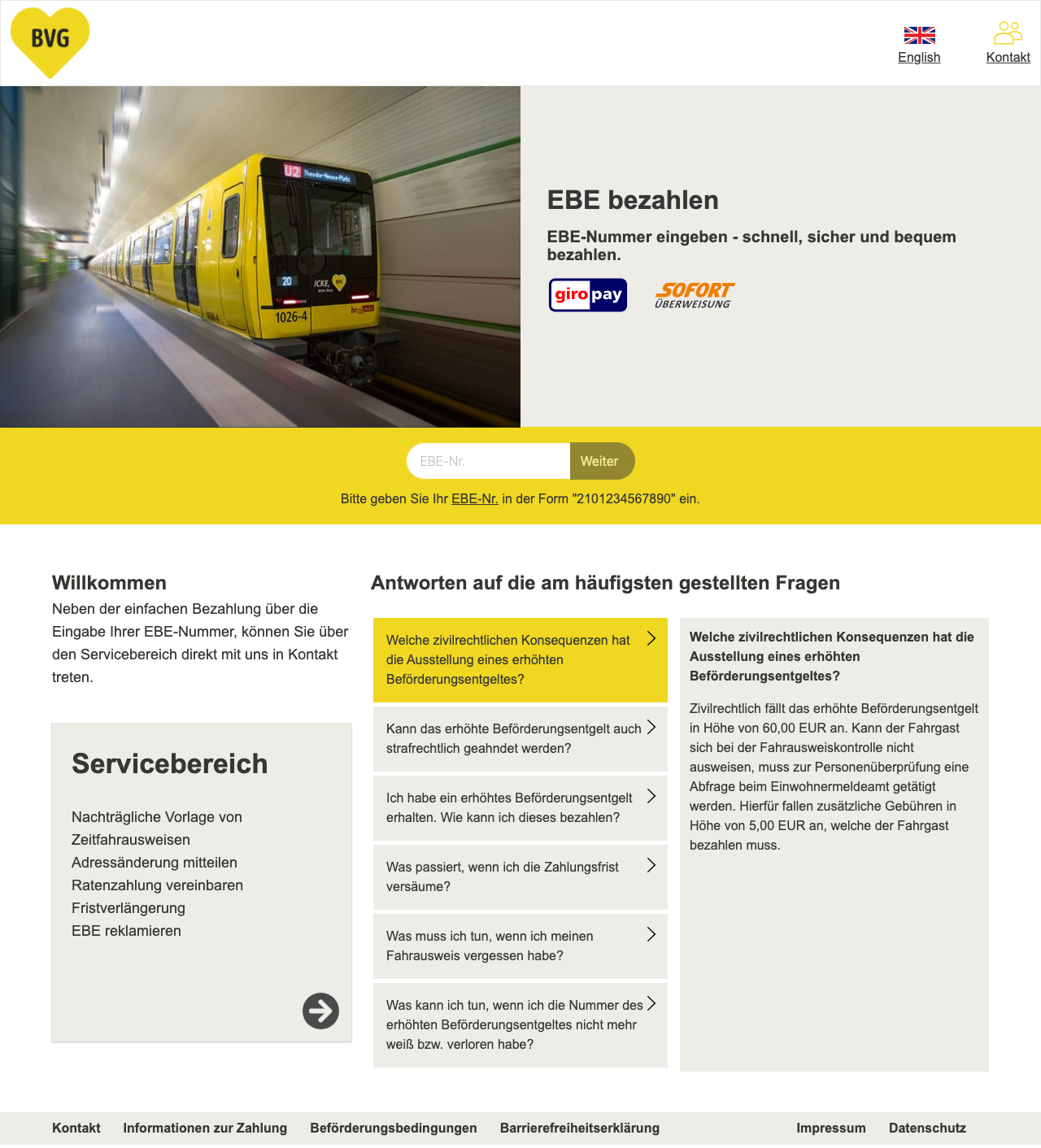Screenshot BVG - Onlineportal